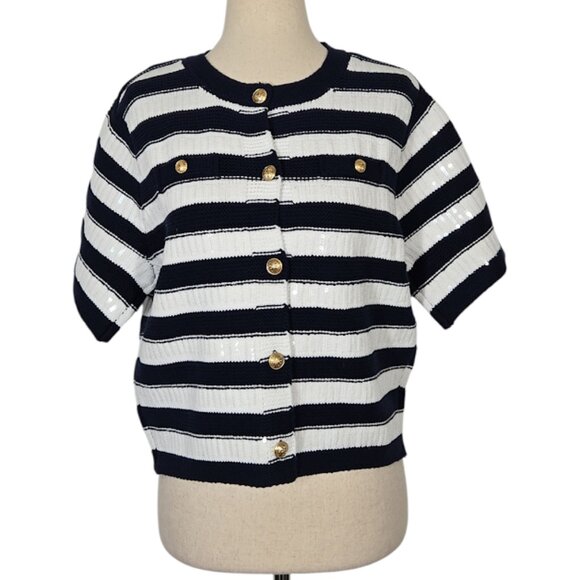 SAM EDELMAN Colleen Stripe Short Sleeve Cardigan knit blue Size Medium NWT - Picture 3 of 11